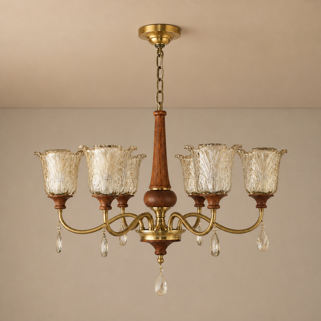 W&F Collection | Aurelia Antique Brass Floral Glass Chandelier with Wood Accents