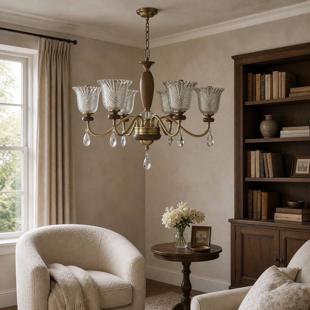W&F Collection | Cognelle Cognac Glass and Ash Wood Chandelier