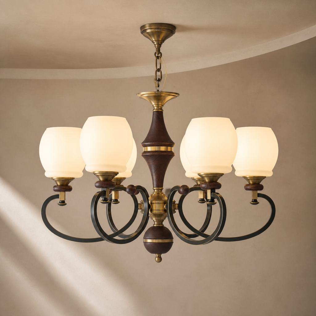 W&F Collection | Briarwood Ash Wood and Milk Glass Chandelier