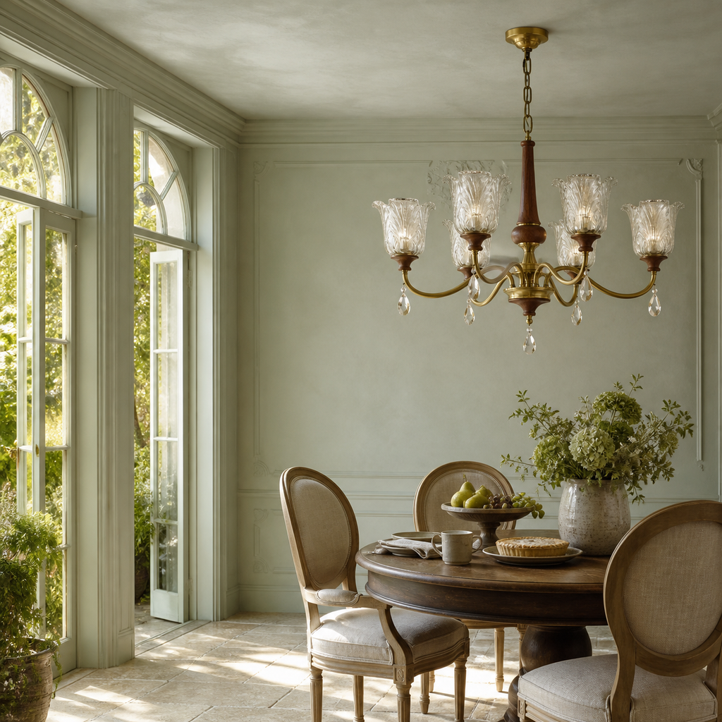 W&F Collection | Aurelia Antique Brass Floral Glass Chandelier with Wood Accents