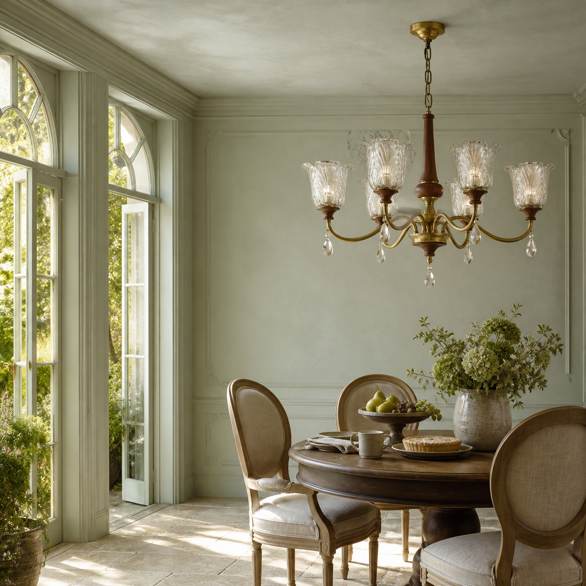 W&F Collection | Aurelia Antique Brass Floral Glass Chandelier with Wood Accents