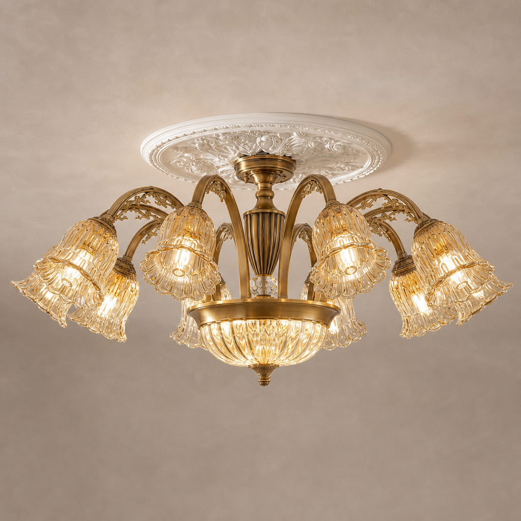 W&F Collection | Classic American Brass Floral Crystal Ceiling Lamp
