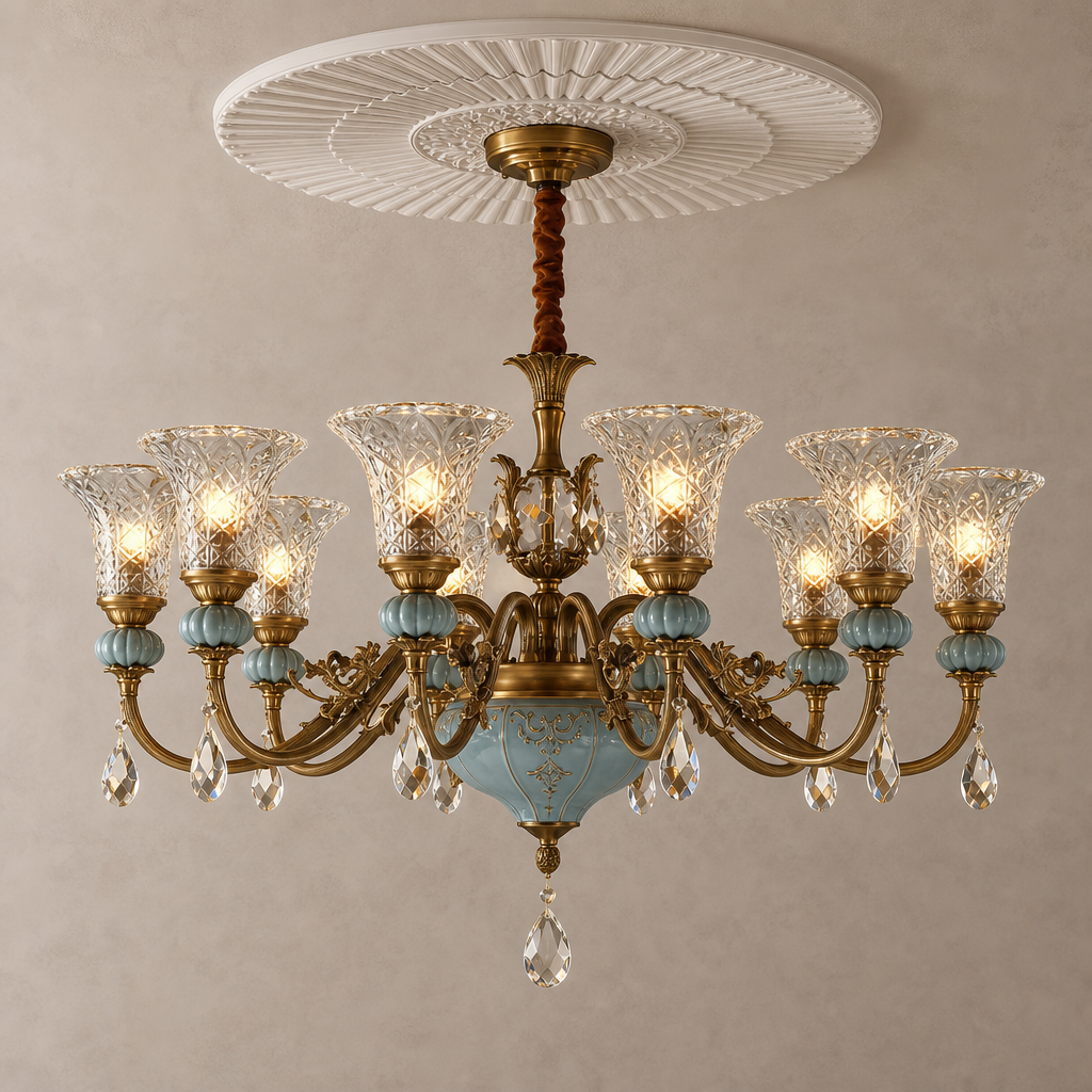 W&F Collection | Blue Glazed Ceramic Brass Crystal Chandelier
