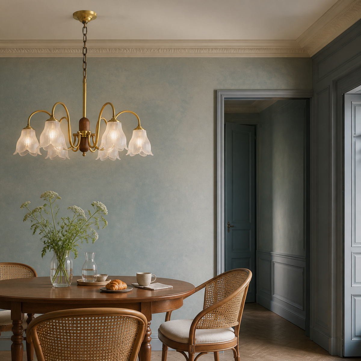 W&F Collection | Bellarune Ribbed Bell Glass and Walnut Chandelier
