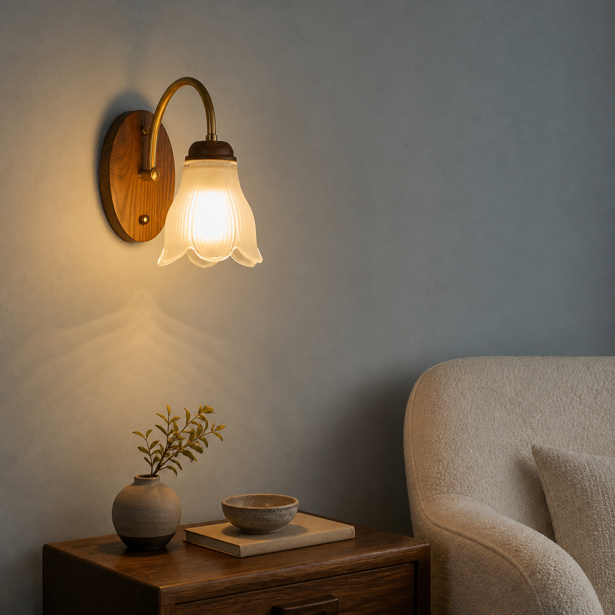 W&F Collection | Bellarune Ribbed Bell Glass and Walnut Wall Sconce