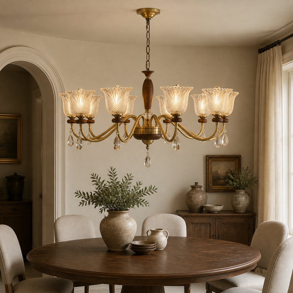 W&F Collection | Cognelle Cognac Glass and Ash Wood Chandelier