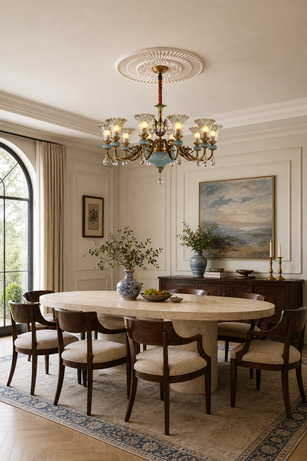 W&F Collection | Blue Glazed Ceramic Brass Crystal Chandelier