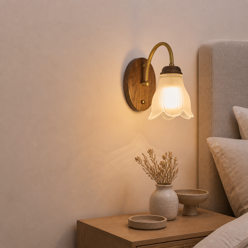 W&F Collection | Bellarune Ribbed Bell Glass and Walnut Wall Sconce