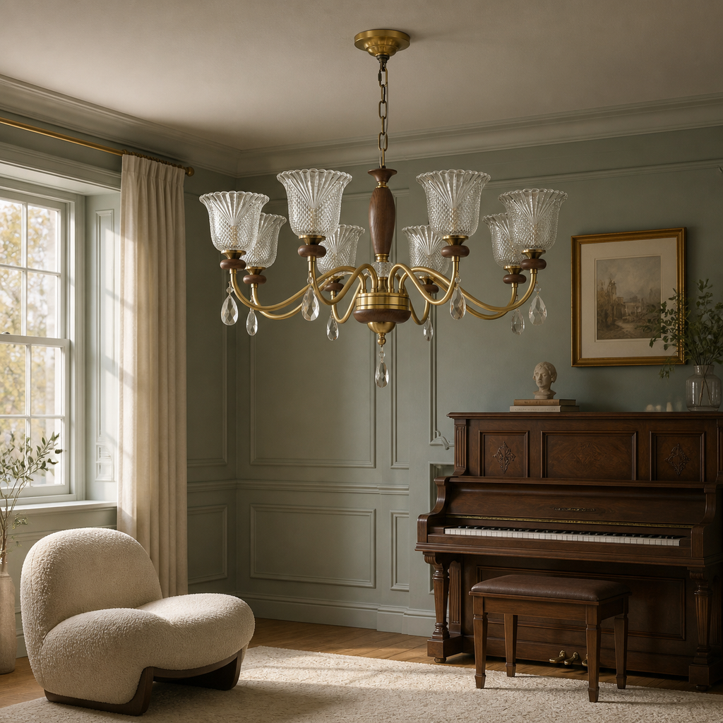W&F Collection | Cognelle Cognac Glass and Ash Wood Chandelier