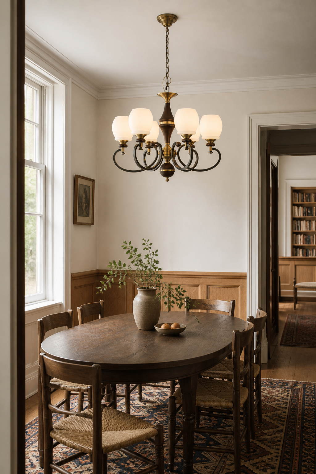 W&F Collection | Briarwood Ash Wood and Milk Glass Chandelier