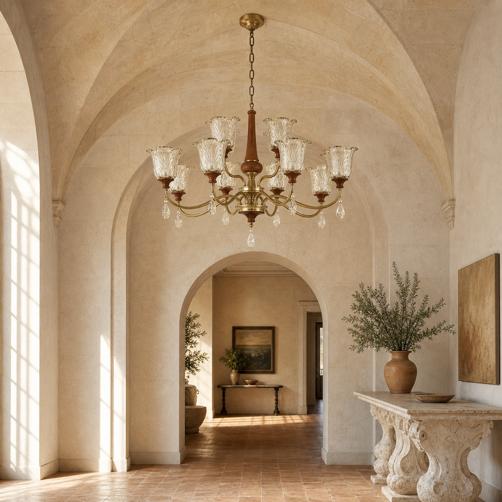 W&F Collection | Aurelia Antique Brass Floral Glass Chandelier with Wood Accents