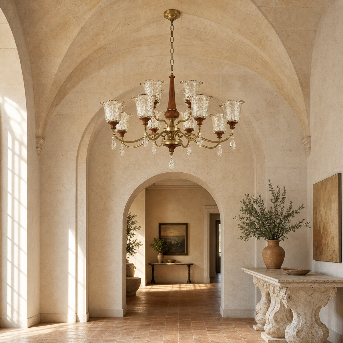 W&F Collection | Aurelia Antique Brass Floral Glass Chandelier with Wood Accents