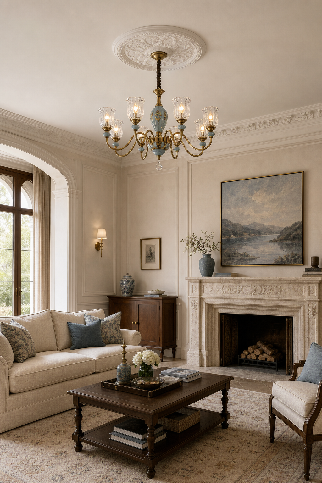 W&F Collection | Blue Glazed Ceramic Brass Crystal Chandelier