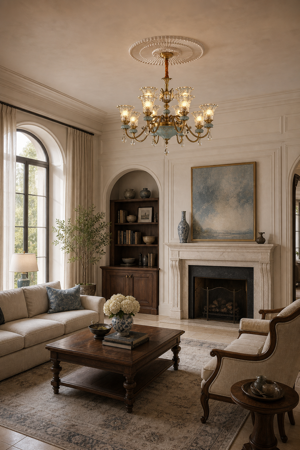 W&F Collection | Blue Glazed Ceramic Two-Tier Chandelier