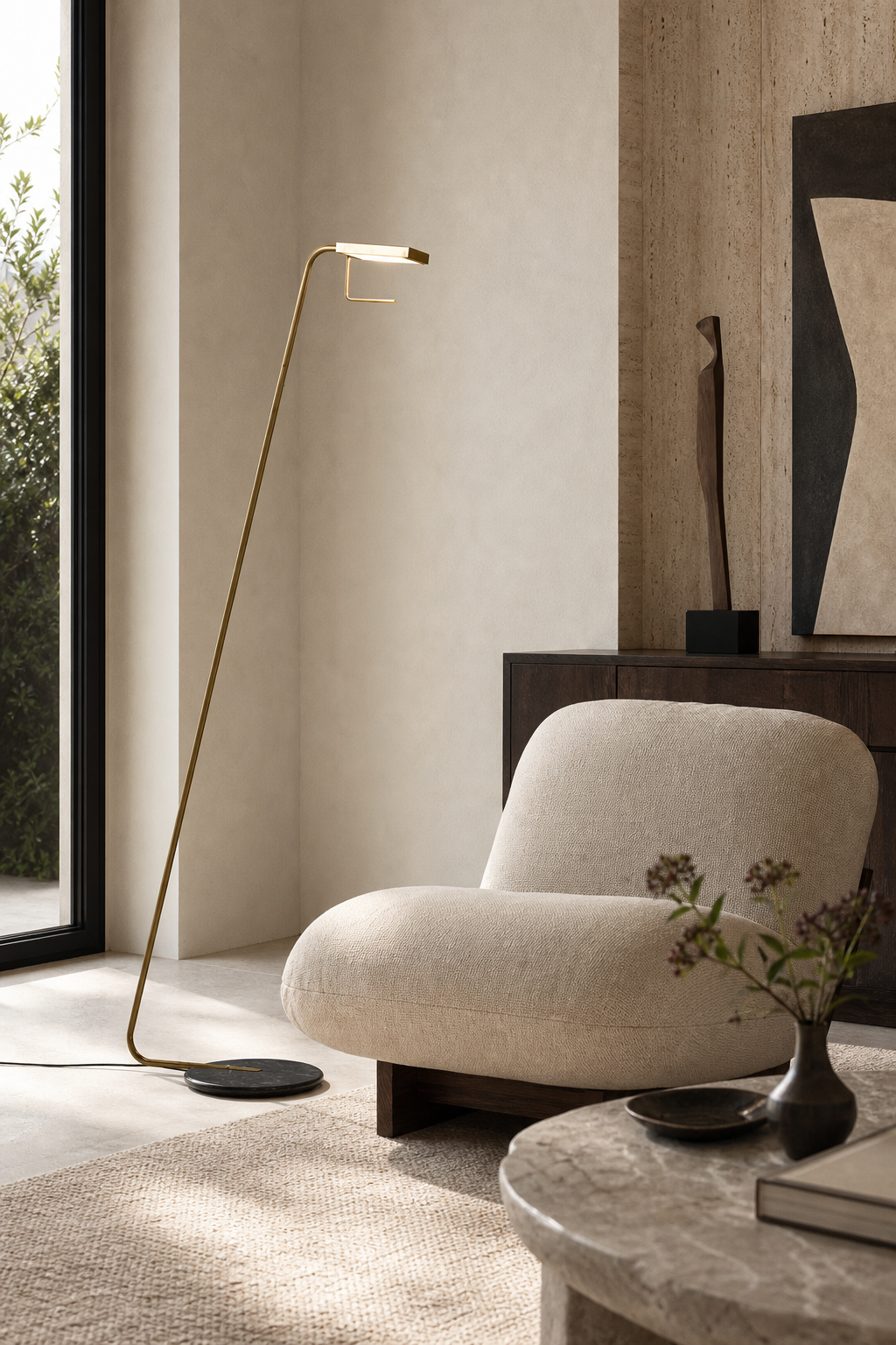 W&F Collection | Antique Brass Marble LED Floor Lamp