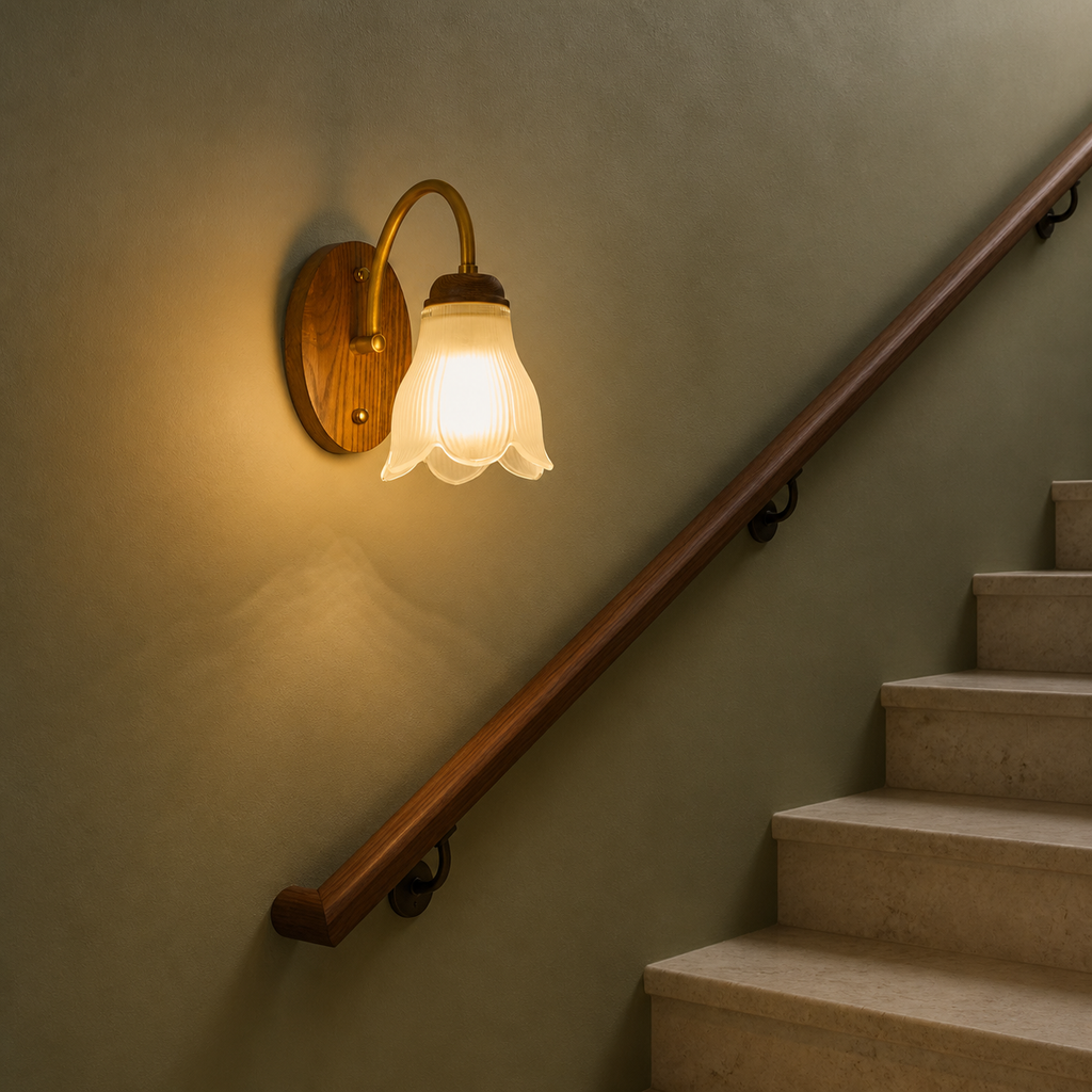 W&F Collection | Bellarune Ribbed Bell Glass and Walnut Wall Sconce