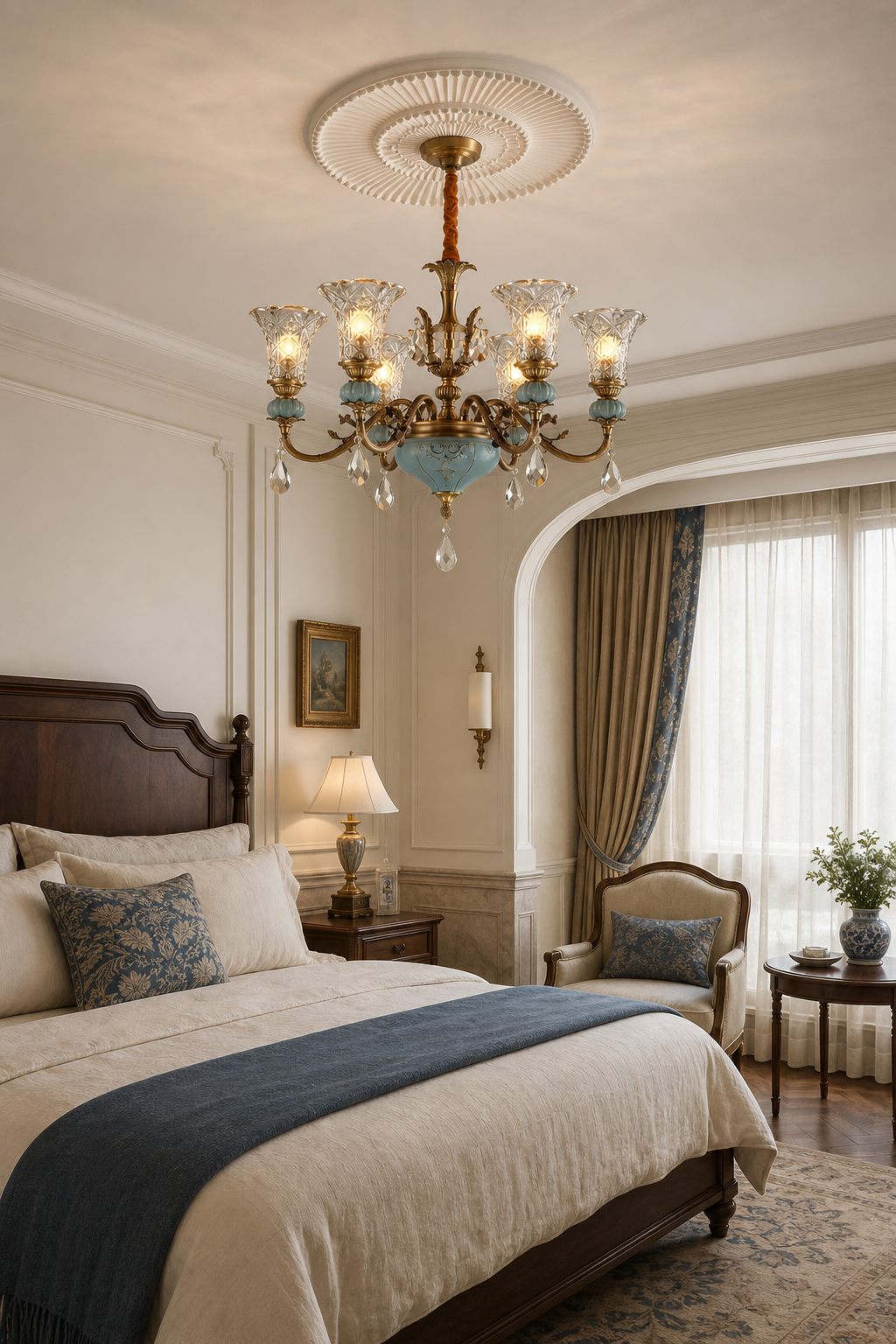 W&F Collection | Blue Glazed Ceramic Brass Crystal Chandelier