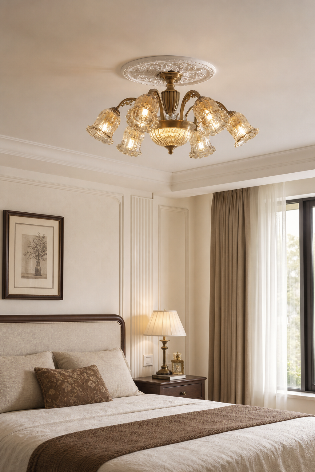 W&F Collection | Classic American Brass Floral Crystal Ceiling Lamp