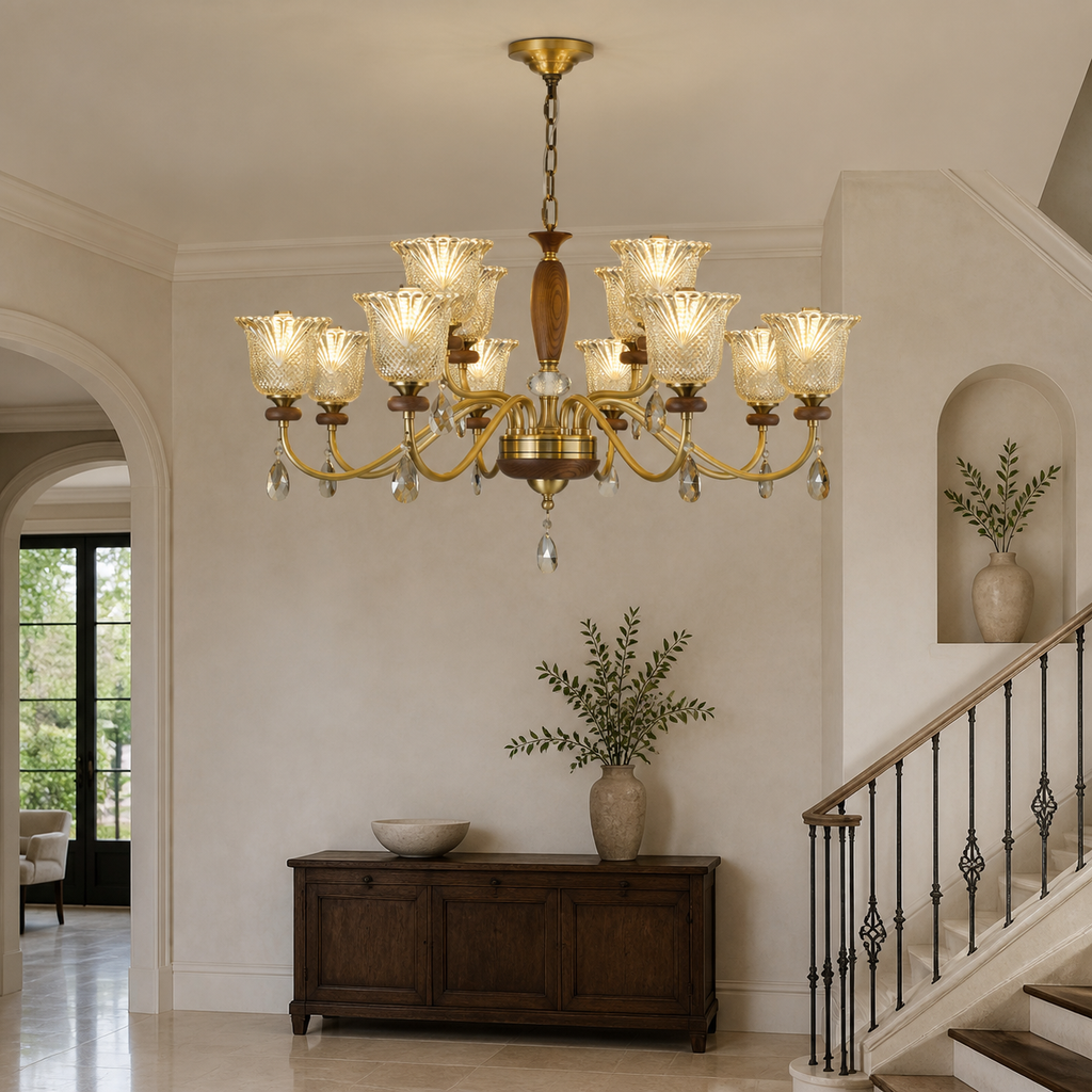 W&F Collection | Cognelle Cognac Glass and Ash Wood Chandelier
