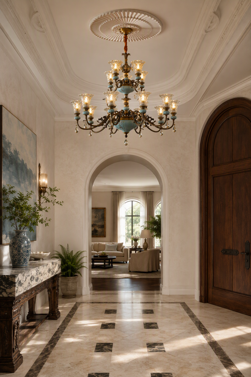 W&F Collection | Blue Glazed Ceramic Two-Tier Chandelier