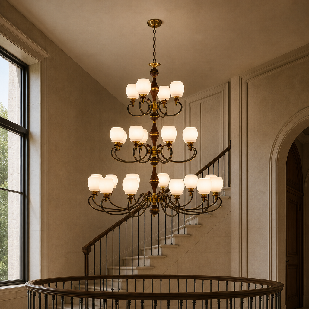 W&F Collection | Briarwood Ash Wood and Milk Glass Chandelier