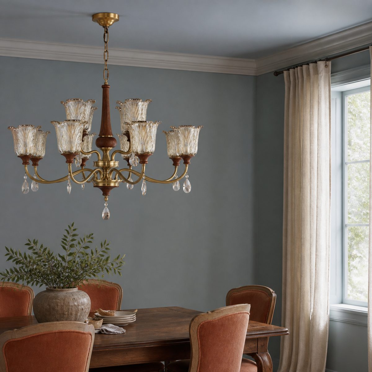 W&F Collection | Aurelia Antique Brass Floral Glass Chandelier with Wood Accents