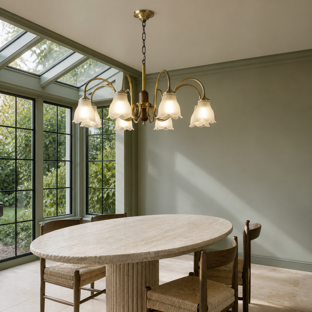 W&F Collection | Bellarune Ribbed Bell Glass and Walnut Chandelier