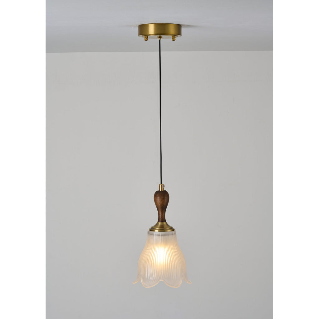 W&F Collection | Bellarune Ribbed Bell Glass and Walnut Pendant Light