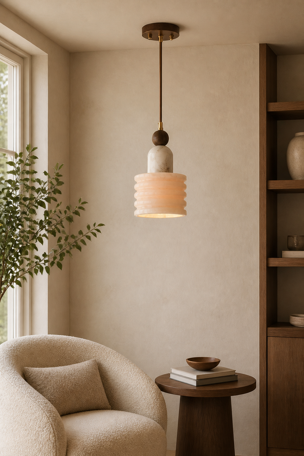 W&F Collection | Alabaster and Walnut Single Pendant Light