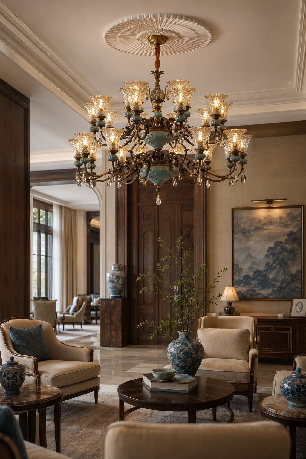 W&F Collection | Blue Glazed Ceramic Two-Tier Chandelier