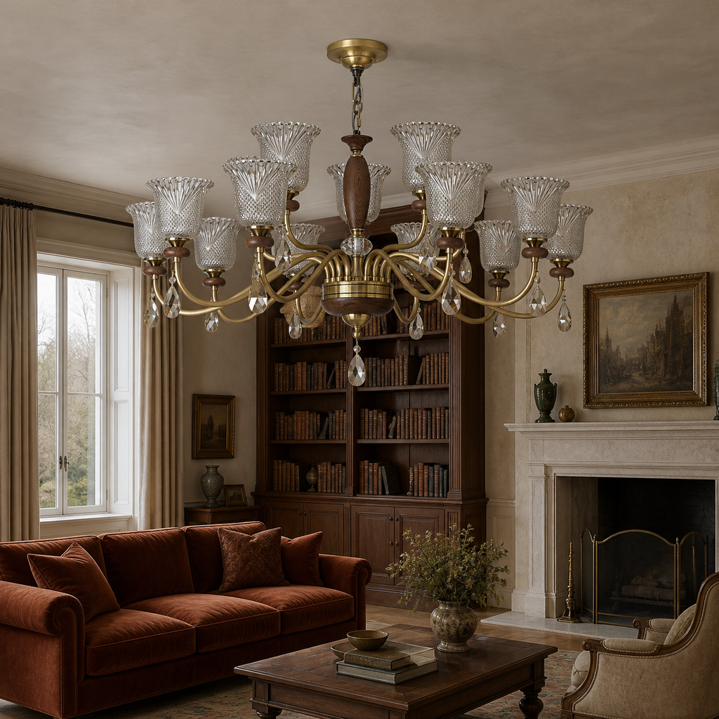 W&F Collection | Cognelle Cognac Glass and Ash Wood Chandelier