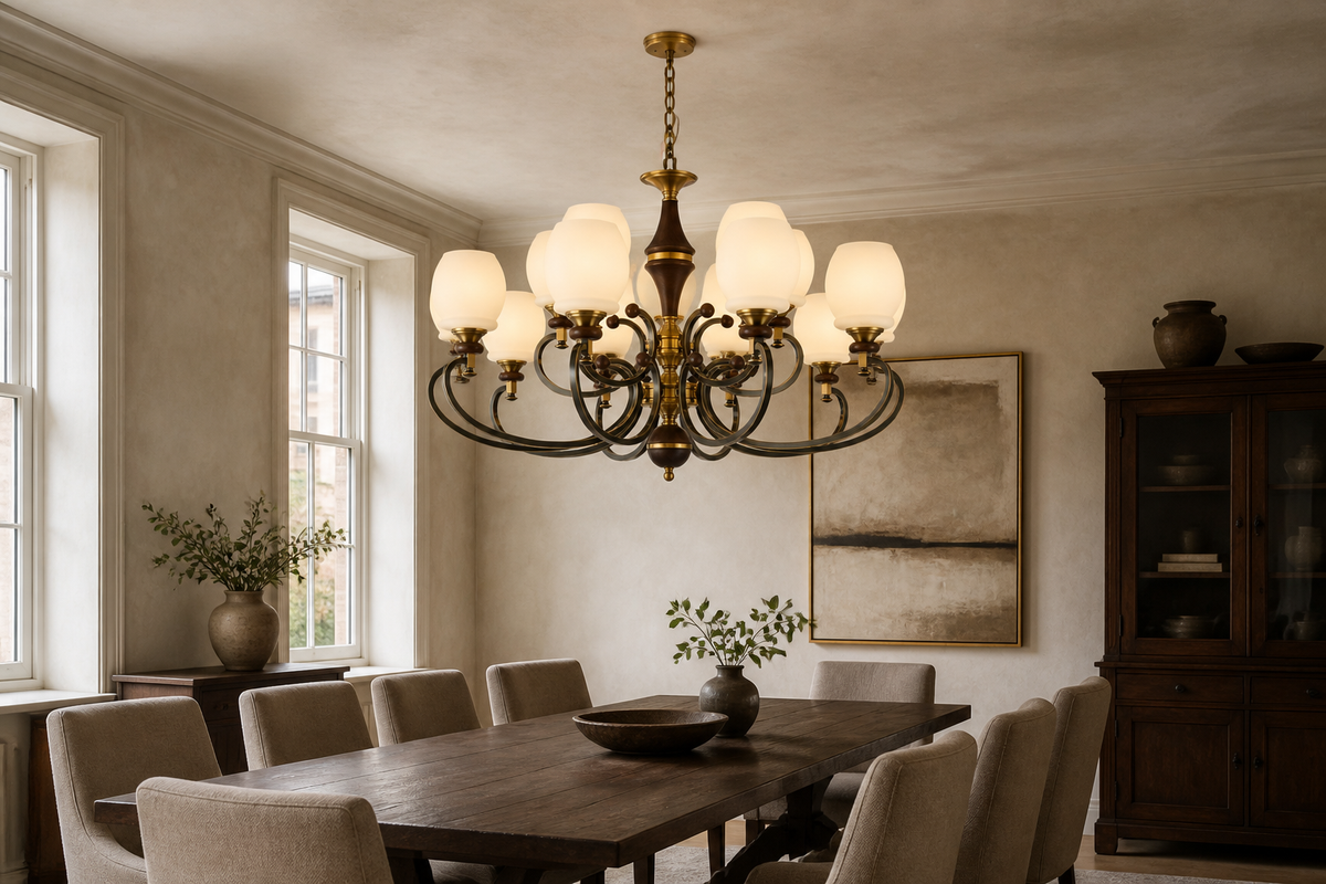 W&F Collection | Briarwood Ash Wood and Milk Glass Chandelier