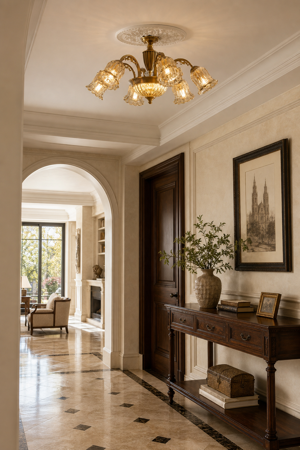 W&F Collection | Classic American Brass Floral Crystal Ceiling Lamp