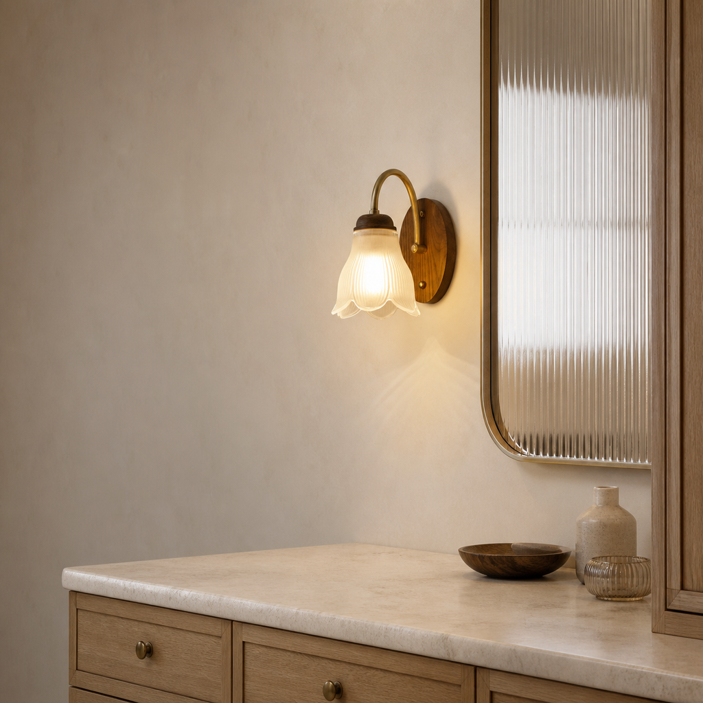 W&F Collection | Bellarune Ribbed Bell Glass and Walnut Wall Sconce