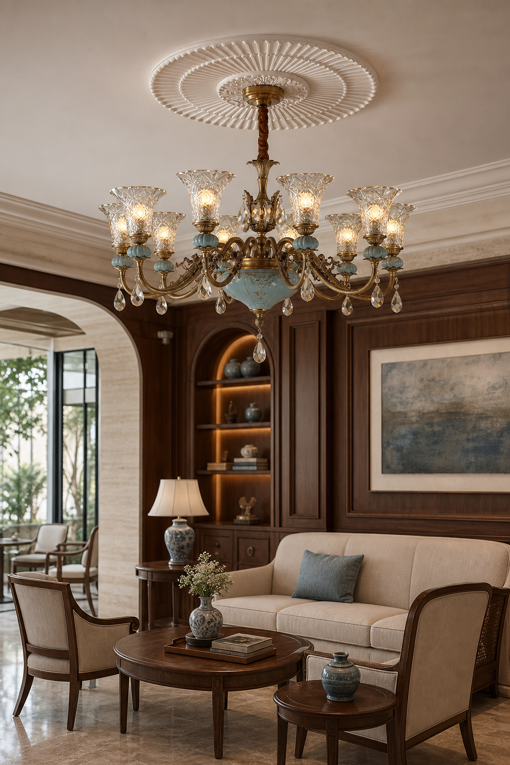 W&F Collection | Blue Glazed Ceramic Brass Crystal Chandelier