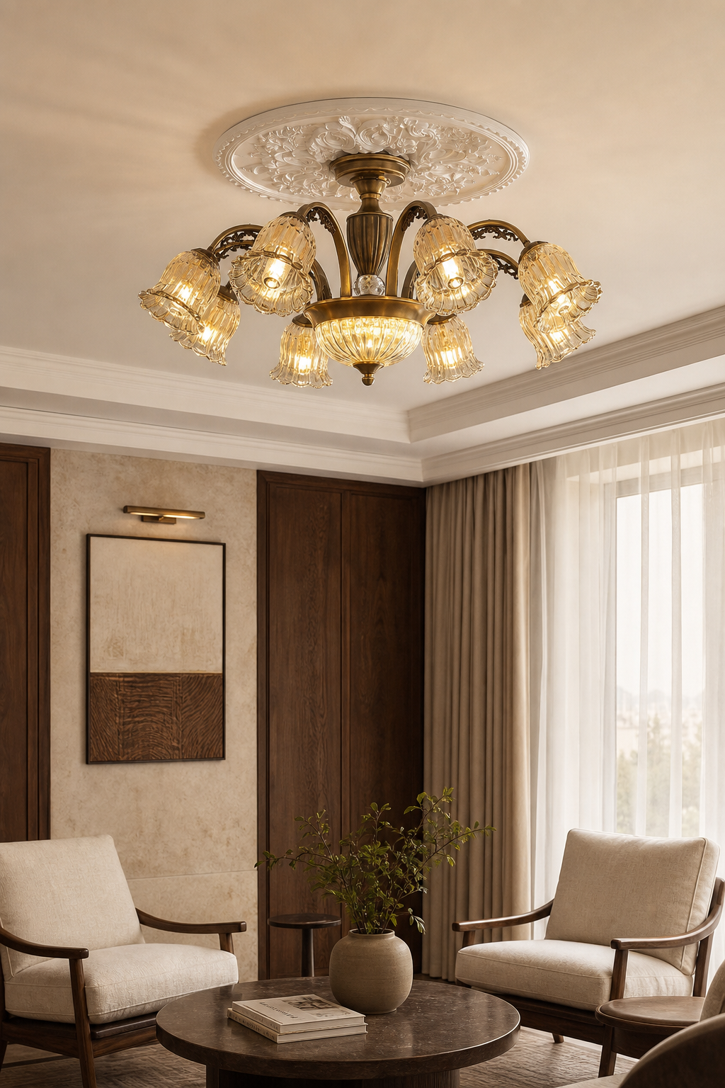 W&F Collection | Classic American Brass Floral Crystal Ceiling Lamp