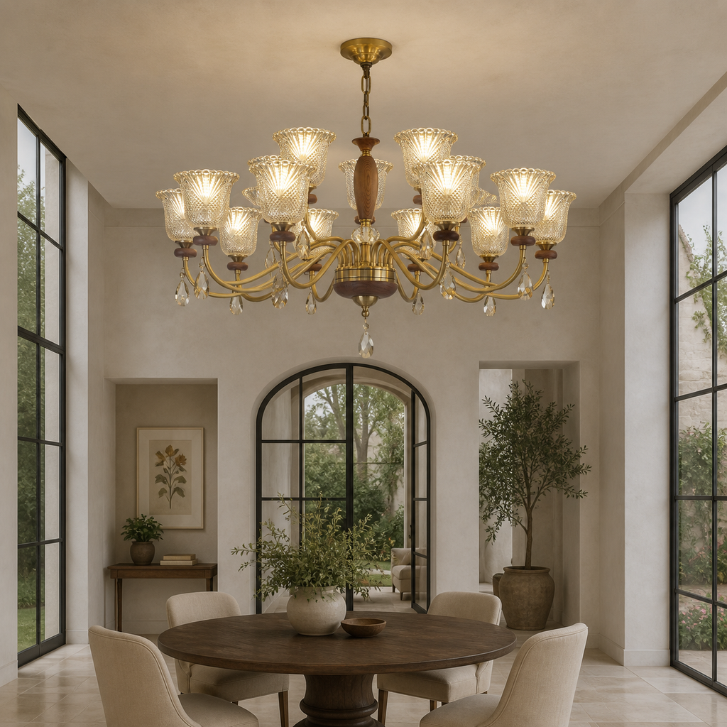 W&F Collection | Cognelle Cognac Glass and Ash Wood Chandelier