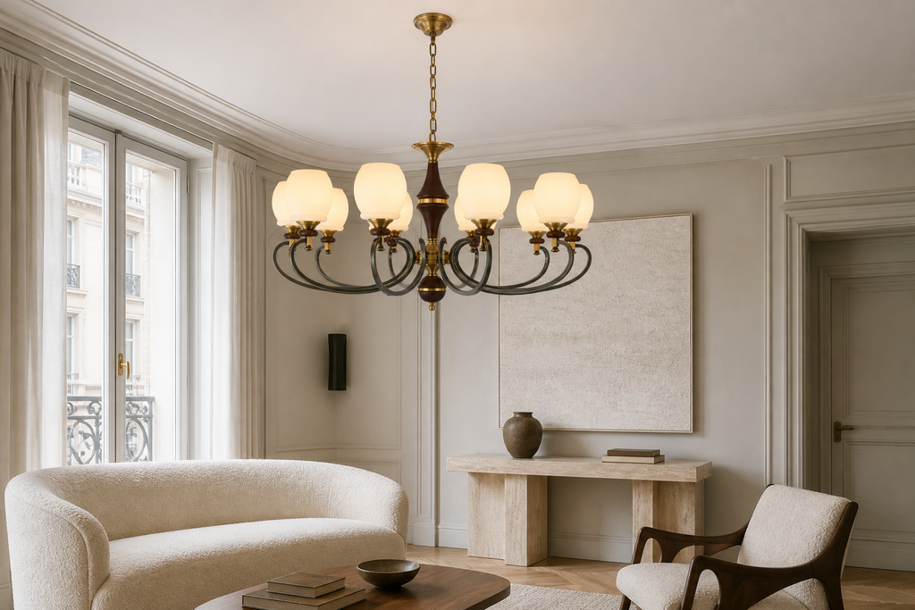 W&F Collection | Briarwood Ash Wood and Milk Glass Chandelier