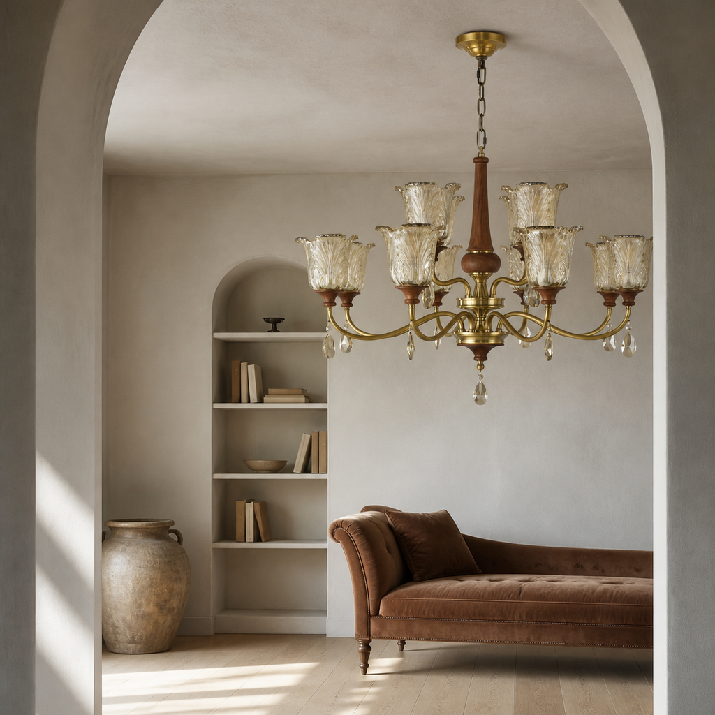 W&F Collection | Aurelia Antique Brass Floral Glass Chandelier with Wood Accents