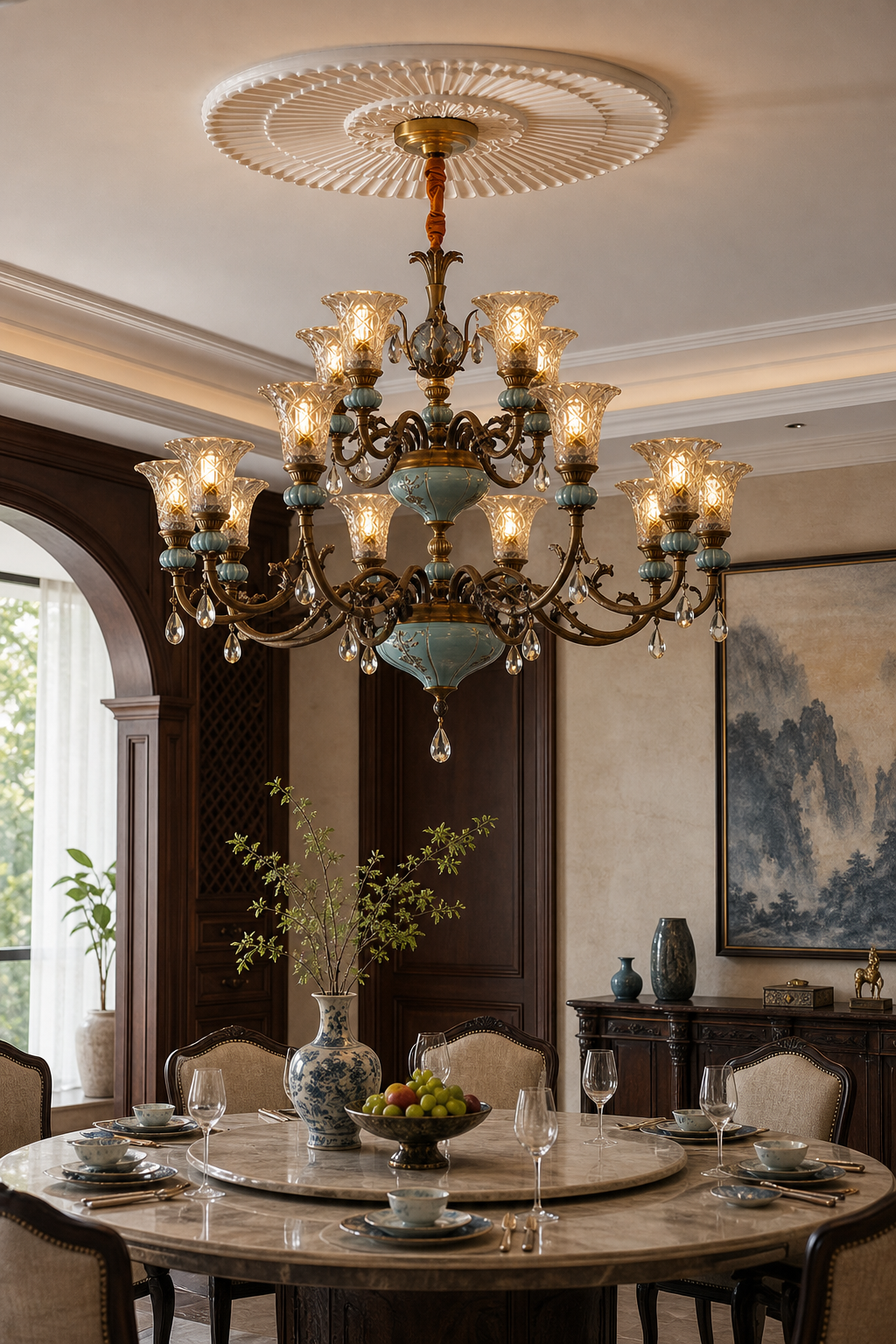 W&F Collection | Blue Glazed Ceramic Two-Tier Chandelier