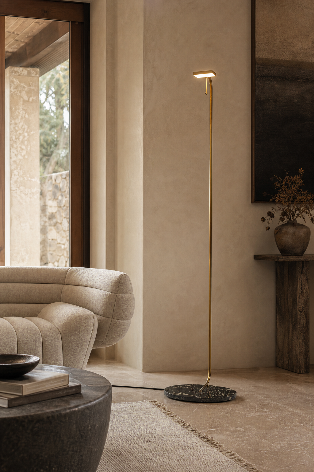 W&F Collection | Antique Brass Marble LED Floor Lamp
