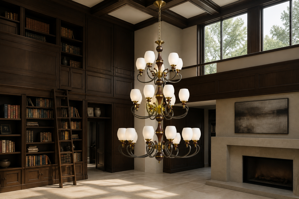 W&F Collection | Briarwood Ash Wood and Milk Glass Chandelier