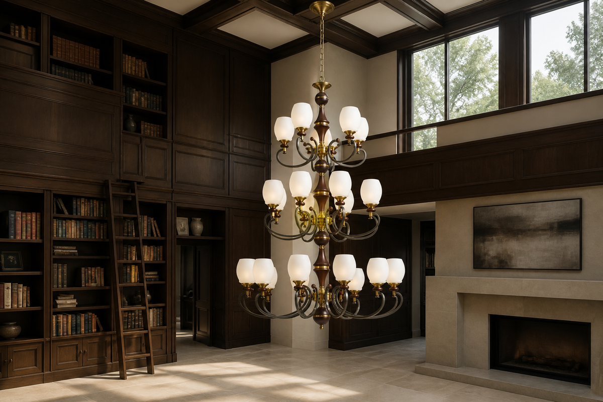 W&F Collection | Briarwood Ash Wood and Milk Glass Chandelier