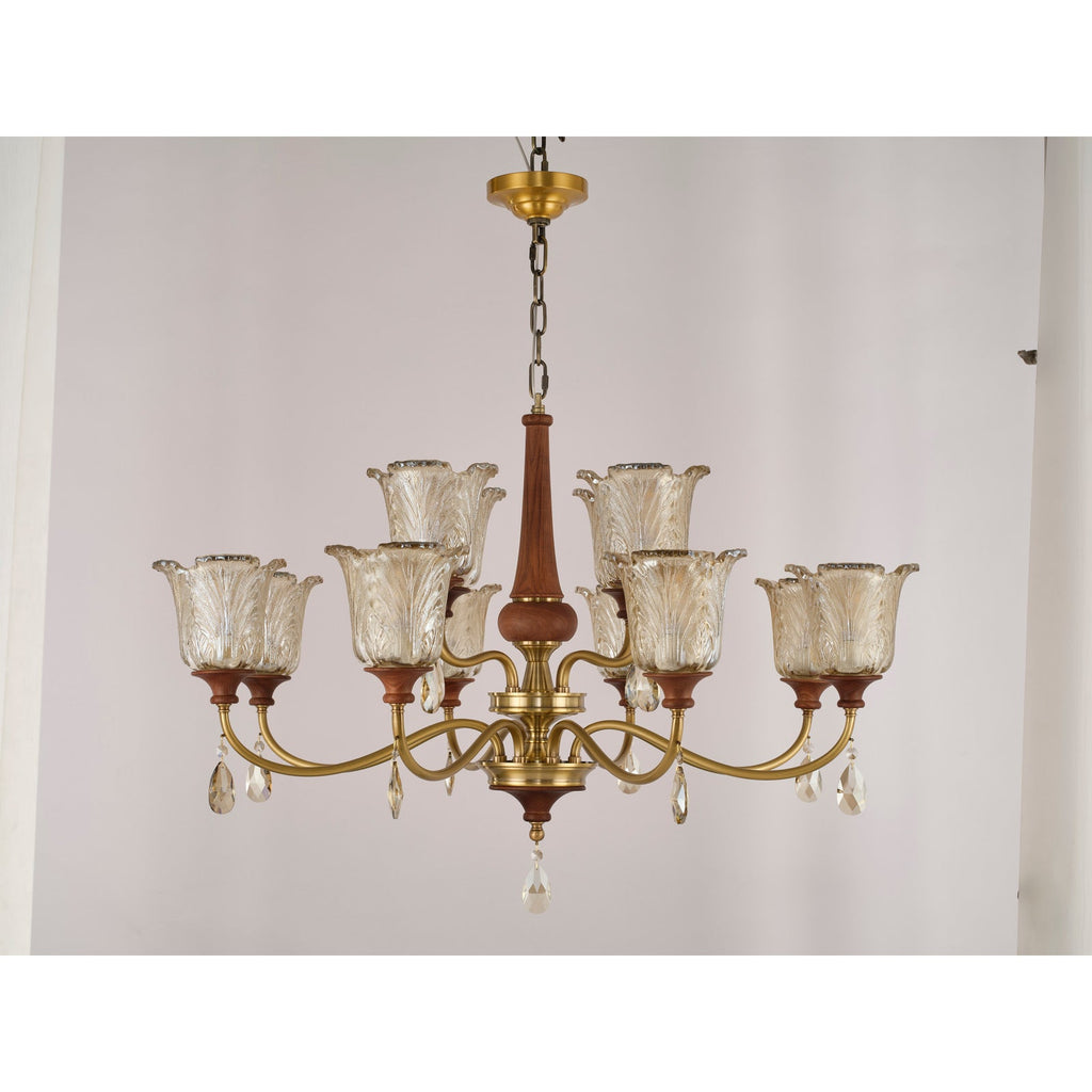 W&F Collection | Aurelia Antique Brass Floral Glass Chandelier with Wood Accents