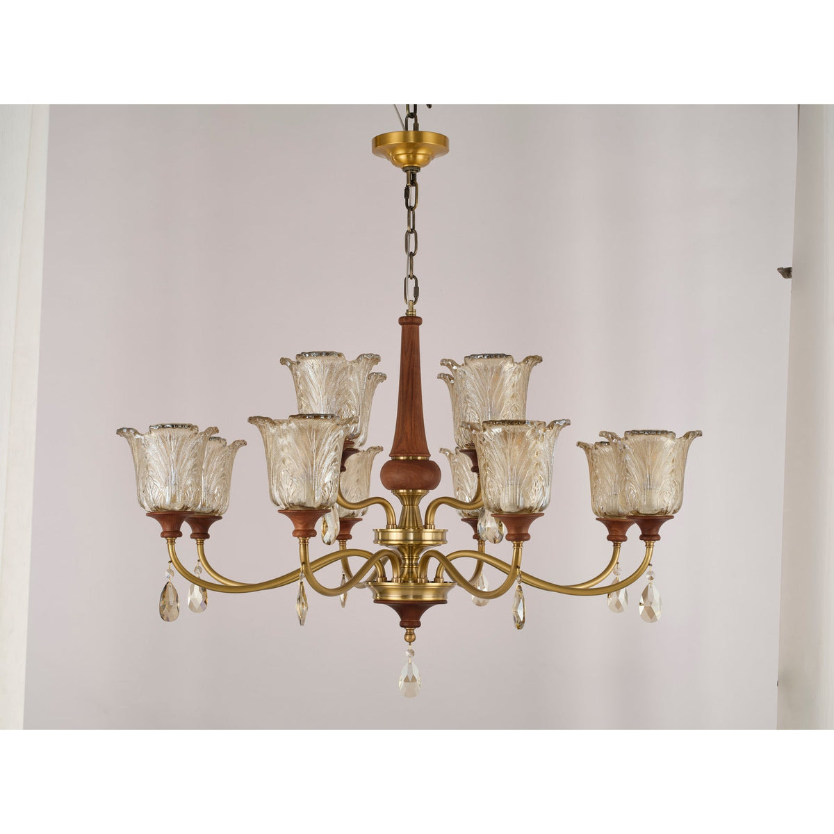 W&F Collection | Aurelia Antique Brass Floral Glass Chandelier with Wood Accents