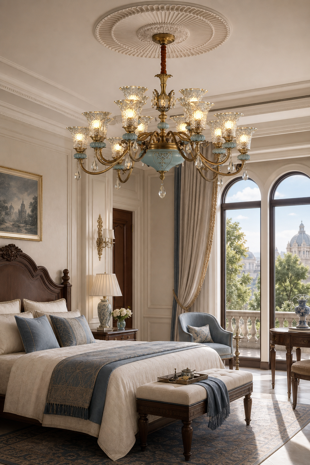 W&F Collection | Blue Glazed Ceramic Two-Tier Chandelier