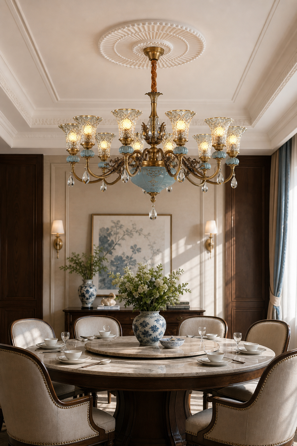 W&F Collection | Blue Glazed Ceramic Brass Crystal Chandelier