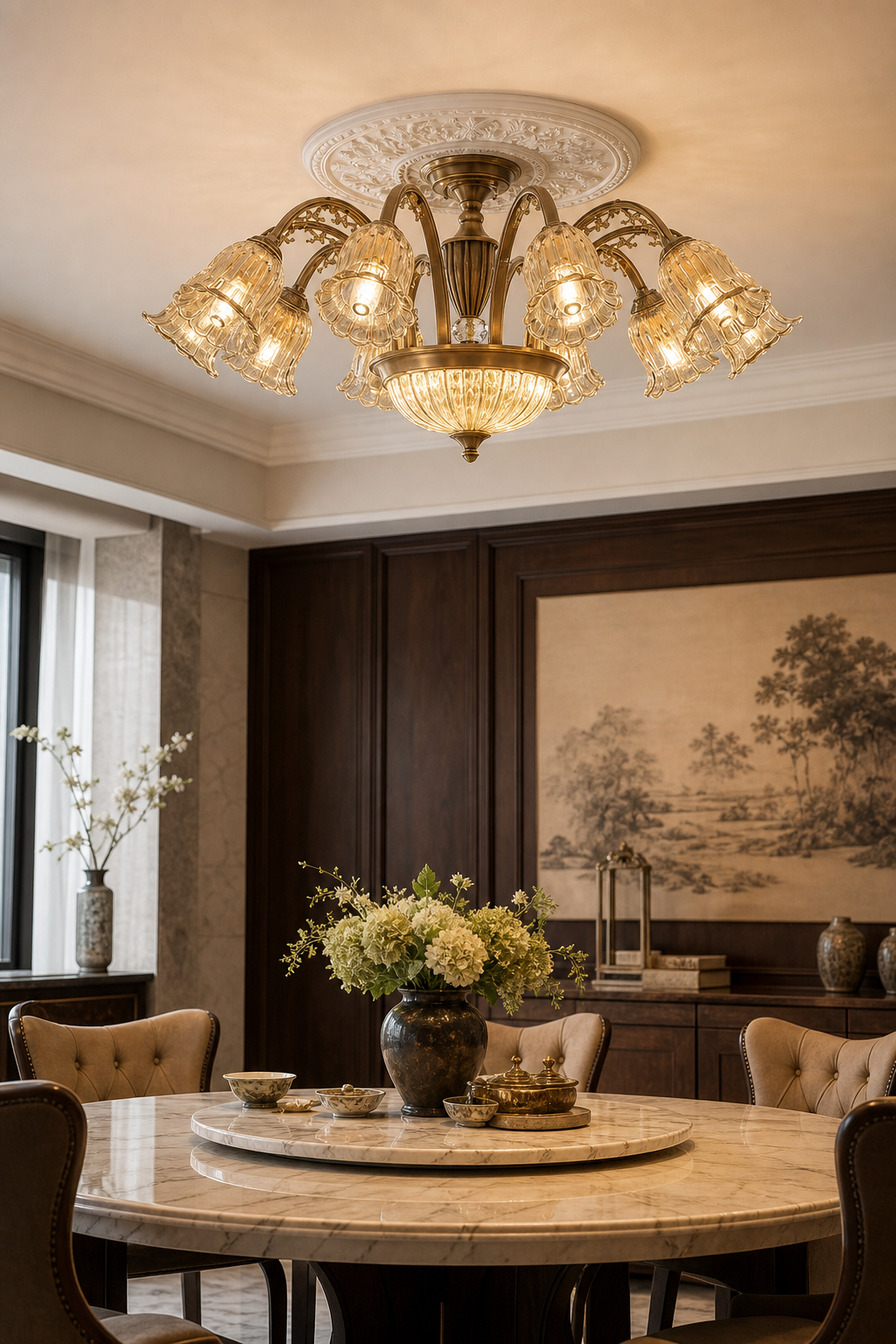 W&F Collection | Classic American Brass Floral Crystal Ceiling Lamp