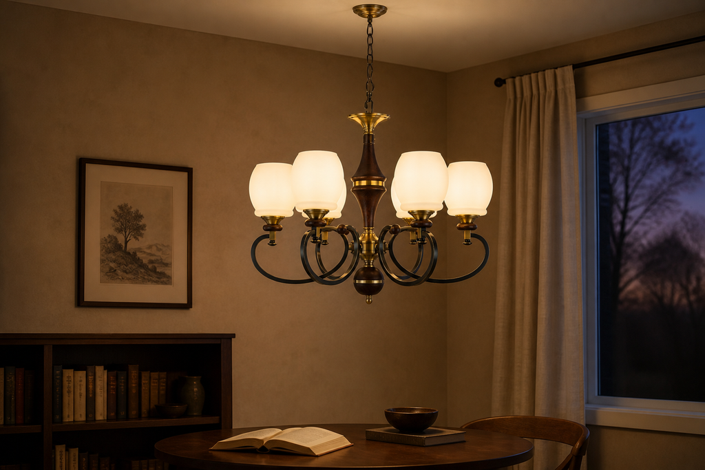 W&F Collection | Briarwood Ash Wood and Milk Glass Chandelier