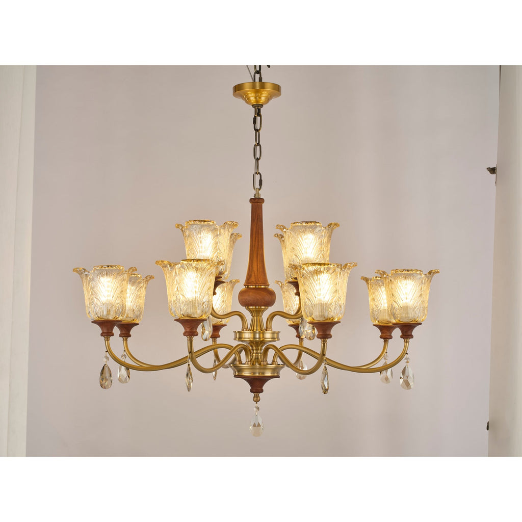 W&F Collection | Aurelia Antique Brass Floral Glass Chandelier with Wood Accents